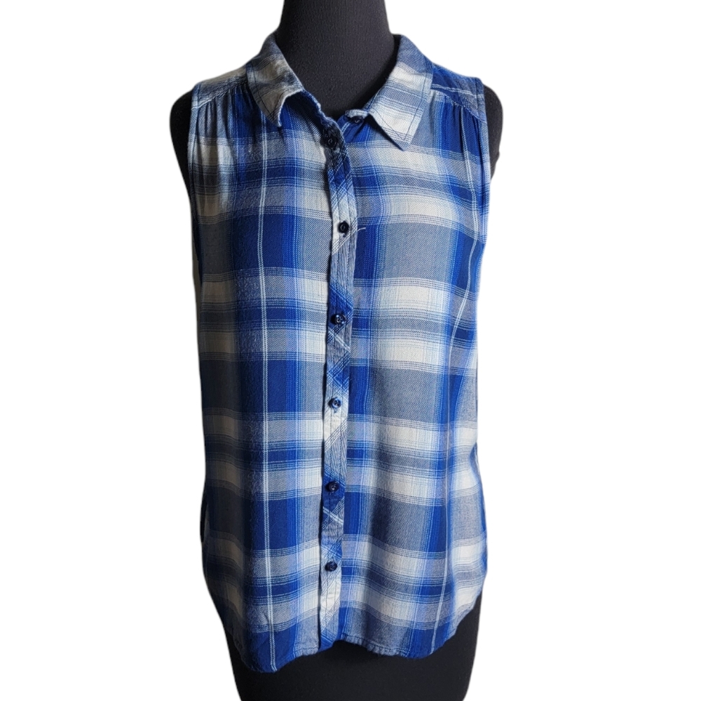 Arizona Jean Co blue white plaid sleeveless button front shirt women's size XL